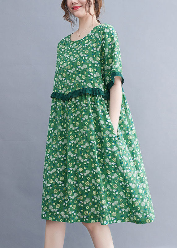 Art Green O-neck Print Patchwork Ruffles Cotton Linen Mid Dresses Short Sleeve