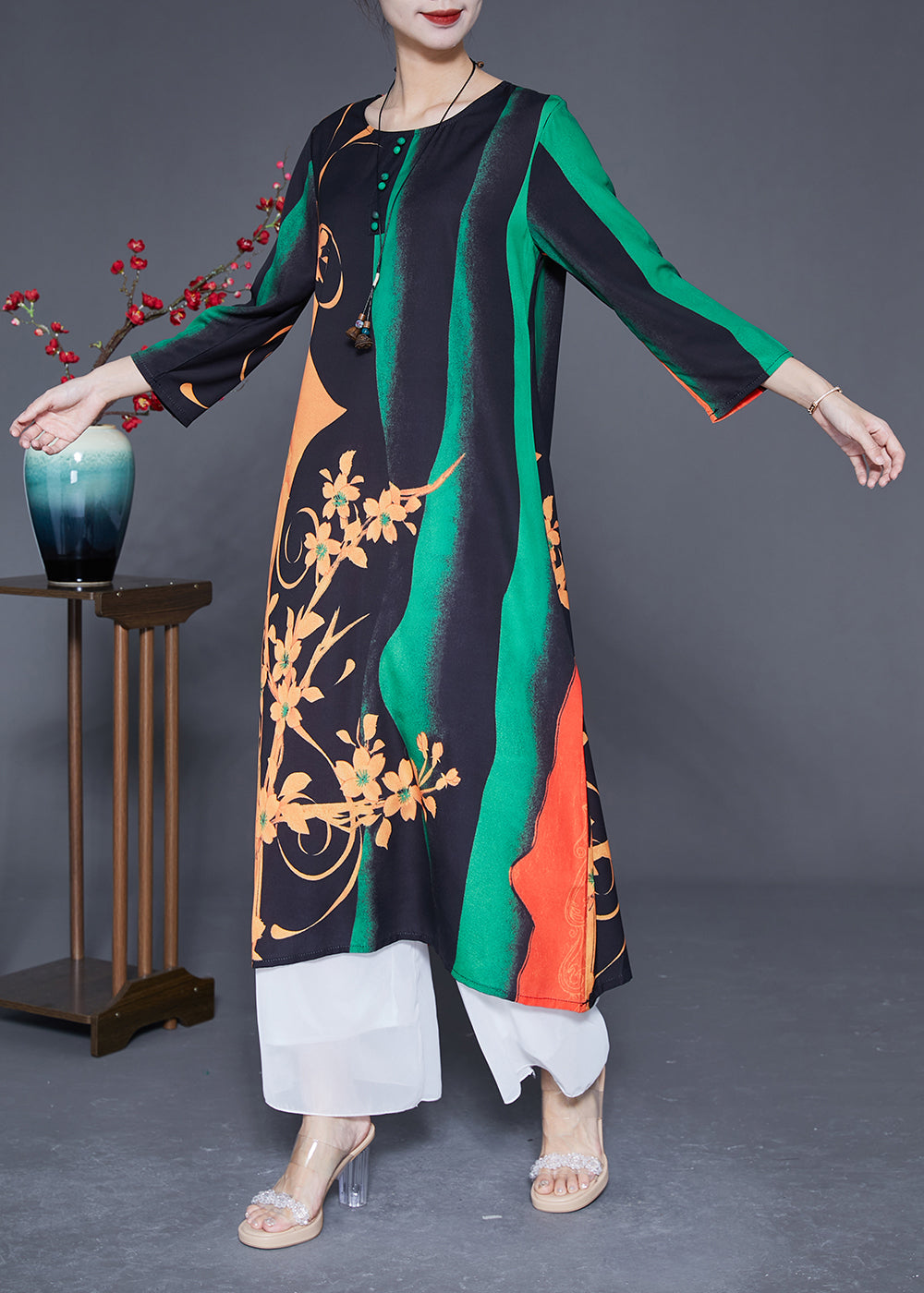 Art Green O-neck Print Silk a Line Dress Bracelet Sleeve