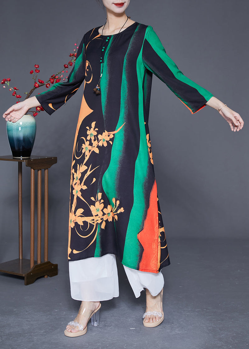 Art Green O-neck Print Silk a Line Dress Bracelet Sleeve