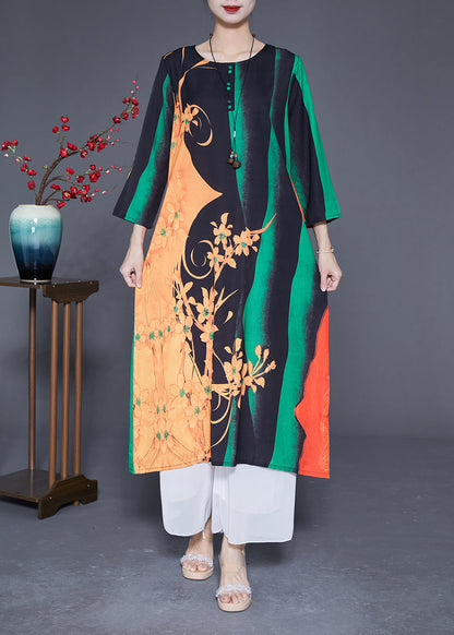 Art Green O-neck Print Silk a Line Dress Bracelet Sleeve
