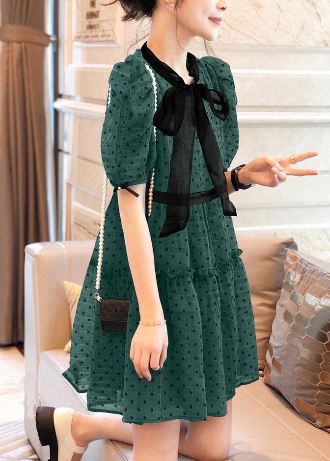 Art Green O-neck Ruffled Dot Patchwork Bow Chiffon Mid Dress Puff Sleeve
