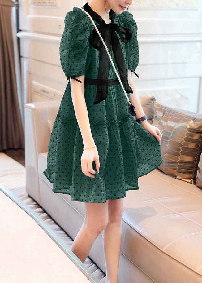 Art Green O-neck Ruffled Dot Patchwork Bow Chiffon Mid Dress Puff Sleeve