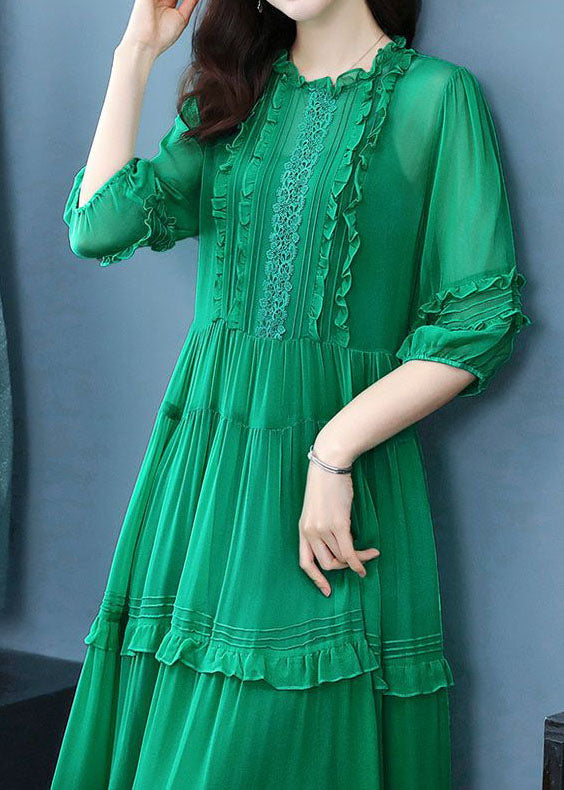 Art Green O-neck Ruffled Patchwork Silk Two-piece Set Dress Summer