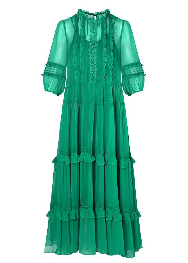 Art Green O-neck Ruffled Patchwork Silk Two-piece Set Dress Summer