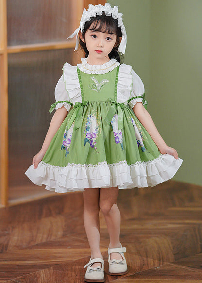 Art Green Ruffled Patchwork Bow Cotton Baby Maxi Dresses Summer