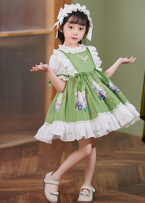 Art Green Ruffled Patchwork Bow Cotton Baby Maxi Dresses Summer
