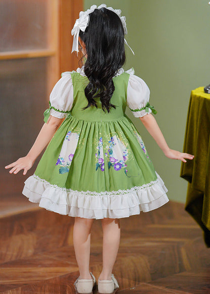 Art Green Ruffled Patchwork Bow Cotton Baby Maxi Dresses Summer