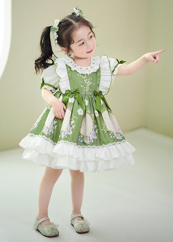 Art Green Ruffled Patchwork Print Cotton Baby Dresses Summer