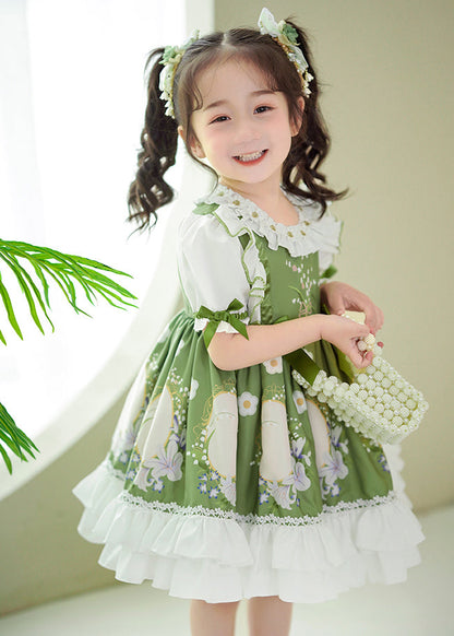 Art Green Ruffled Patchwork Print Cotton Baby Dresses Summer