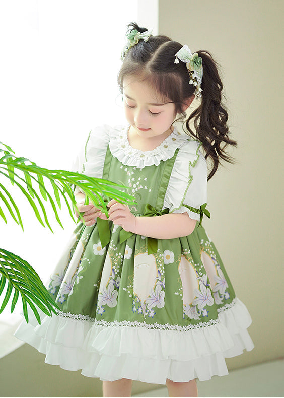 Art Green Ruffled Patchwork Print Cotton Baby Dresses Summer
