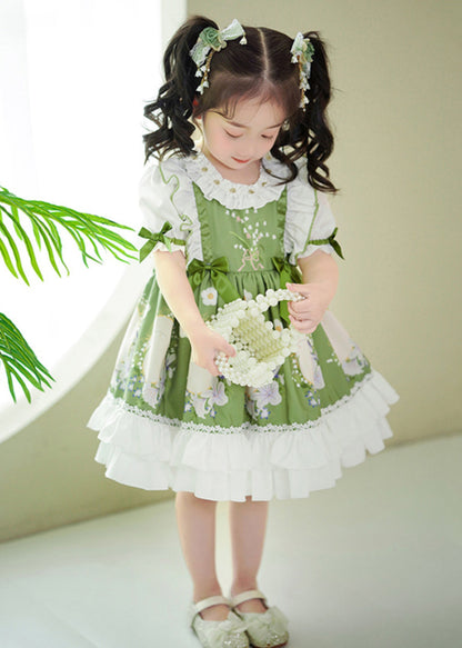 Art Green Ruffled Patchwork Print Cotton Baby Dresses Summer