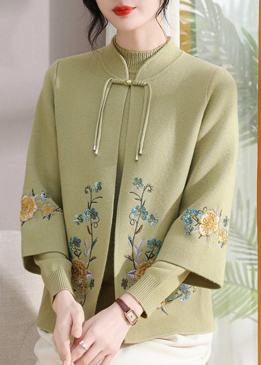 Art Green Stand Collar Cotton Knit Coats and Sweater Two Pieces Set Spring