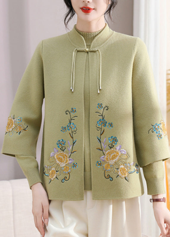 Art Green Stand Collar Cotton Knit Coats and Sweater Two Pieces Set Spring