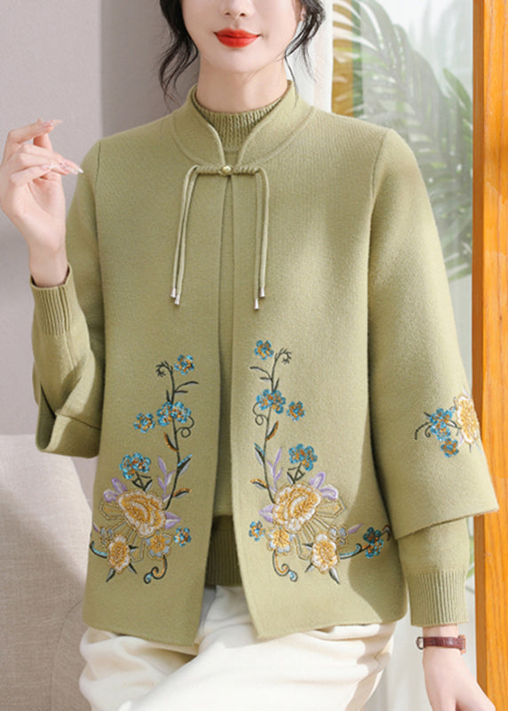Art Green Stand Collar Cotton Knit Coats and Sweater Two Pieces Set Spring