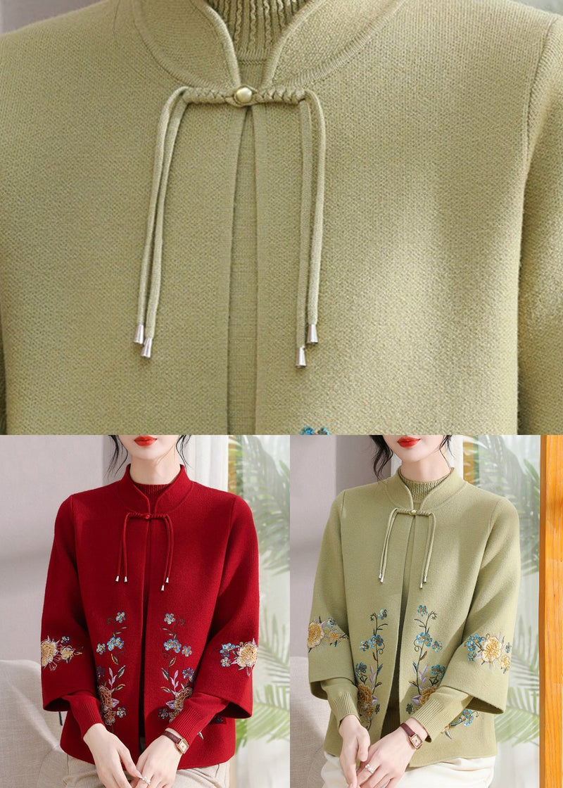 Art Green Stand Collar Cotton Knit Coats and Sweater Two Pieces Set Spring