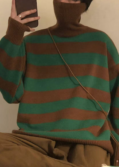 Art Green Striped Turtleneck Knit Sweaters Winter