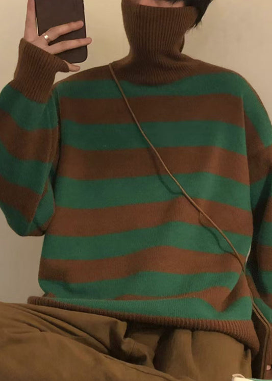 Art Green Striped Turtleneck Knit Sweaters Winter