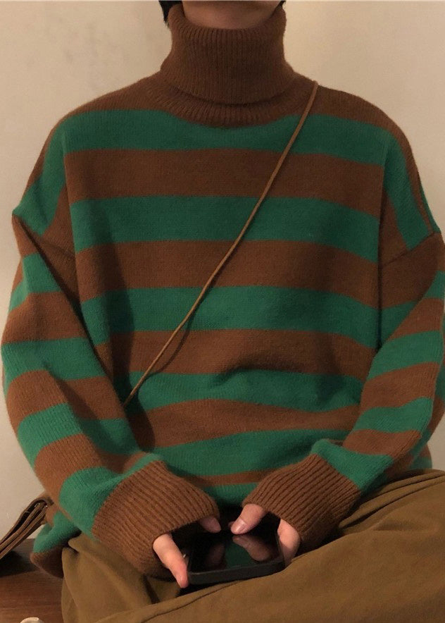 Art Green Striped Turtleneck Knit Sweaters Winter