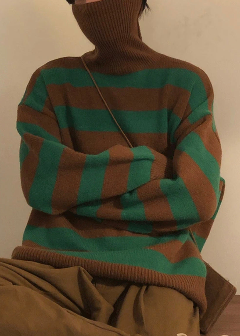 Art Green Striped Turtleneck Knit Sweaters Winter