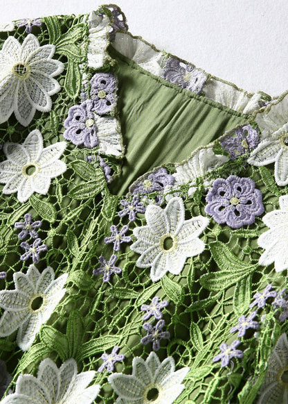 Art Green V Neck Embroideried Lace Dress Half Sleeve