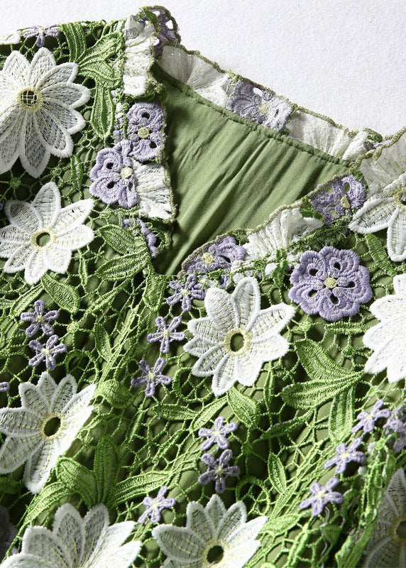 Art Green V Neck Embroideried Lace Dress Half Sleeve
