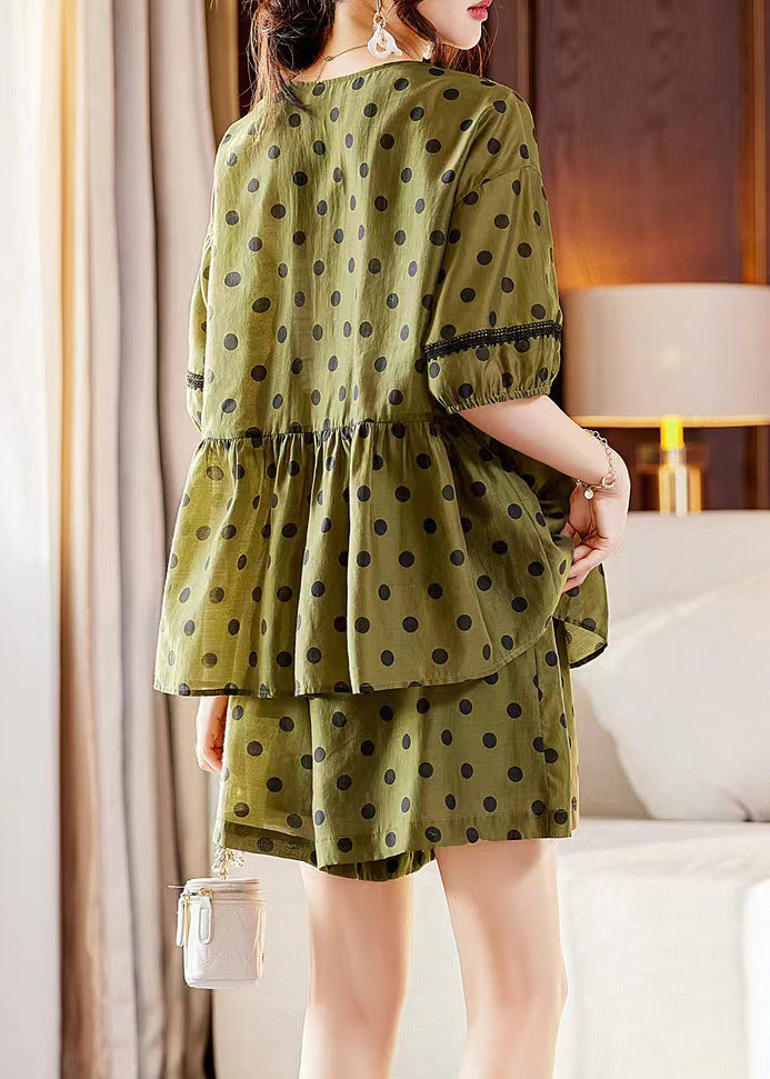Art Green V Neck Lace Patchwork Shirts and Shorts Silk Two Piece Set Summer