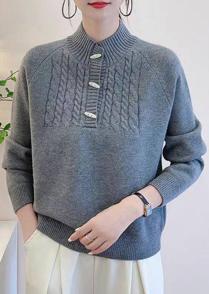 Art Grey Button Thick Knit Sweater Fall