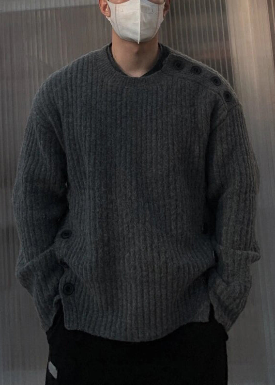 Art Grey Button Thick Cotton Knit Sweaters Spring