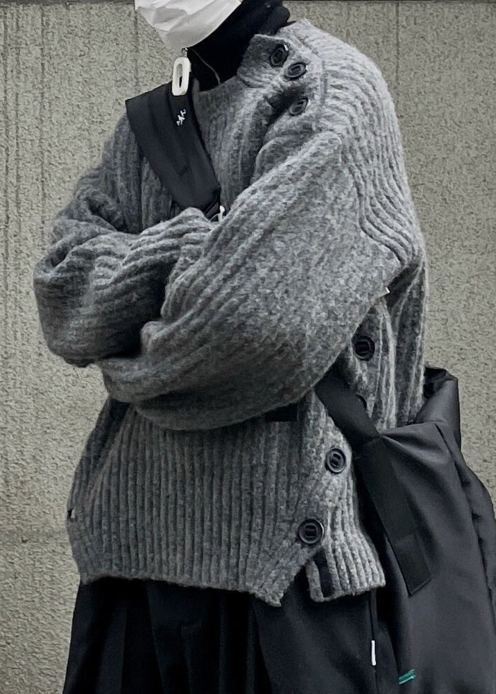 Art Grey Button Thick Cotton Knit Sweaters Spring