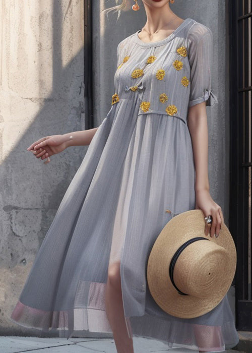 Art Grey Print Silk Long Dresses Summer