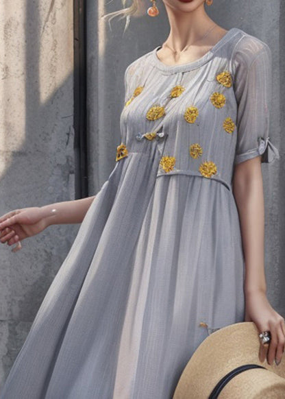 Art Grey Print Silk Long Dresses Summer