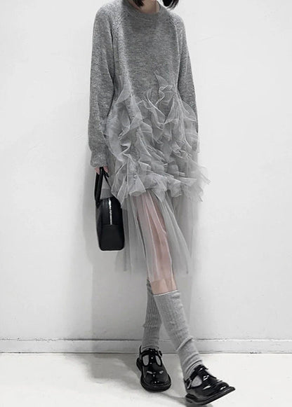 Art Grey Ruffled Tulle Patchwork Knit Dress Fall