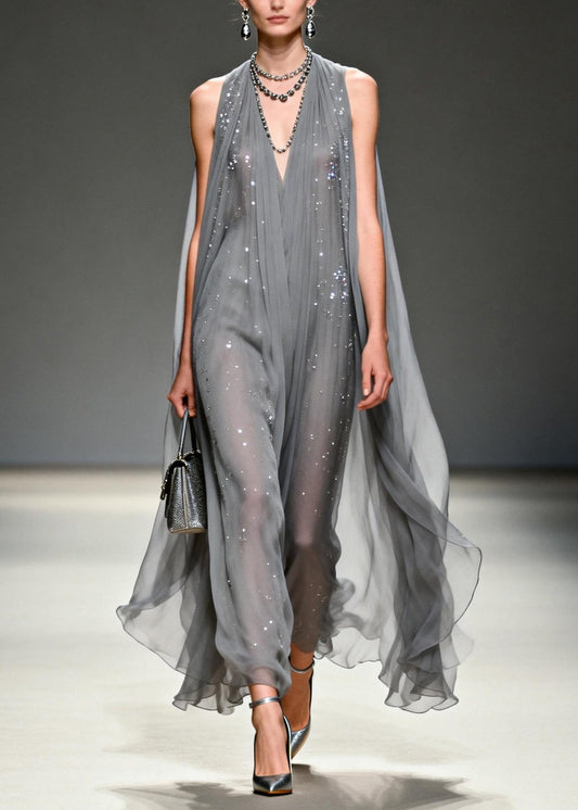 Art Grey V Neck Zircon Chiffon Long Dress Summer