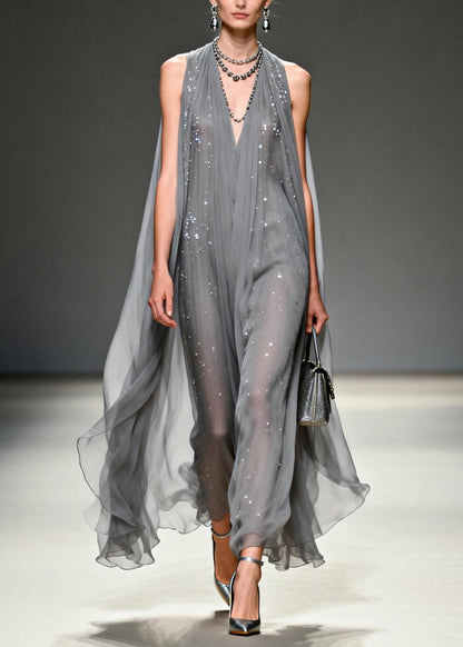 Art Grey V Neck Zircon Chiffon Long Dress Summer