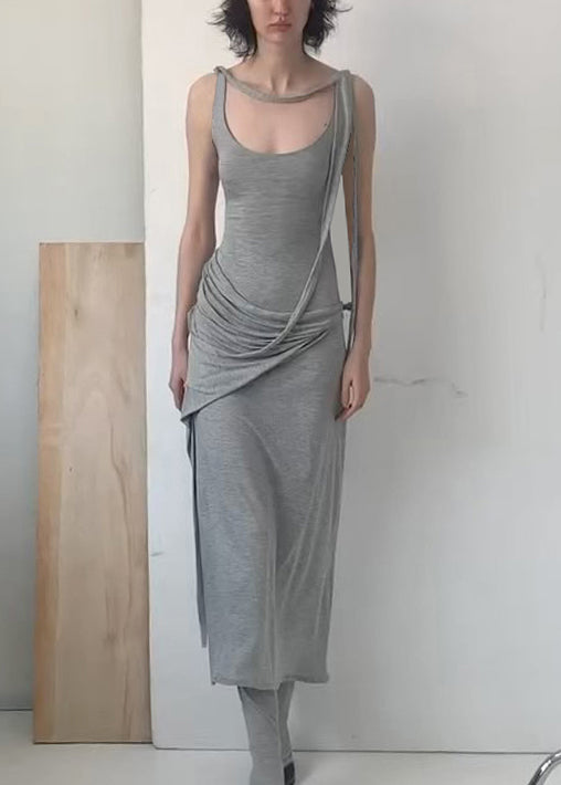 Art Grey Wrinkled Cotton Spaghetti Strap Dress Sleeveless