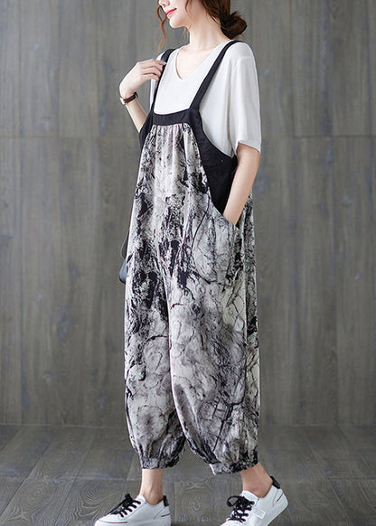 Art Ink Printing Pocket Patchwork Lantern Pant Strap Jumpsuit Spring