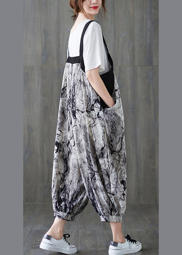 Art Ink Printing Pocket Patchwork Lantern Pant Strap Jumpsuit Spring