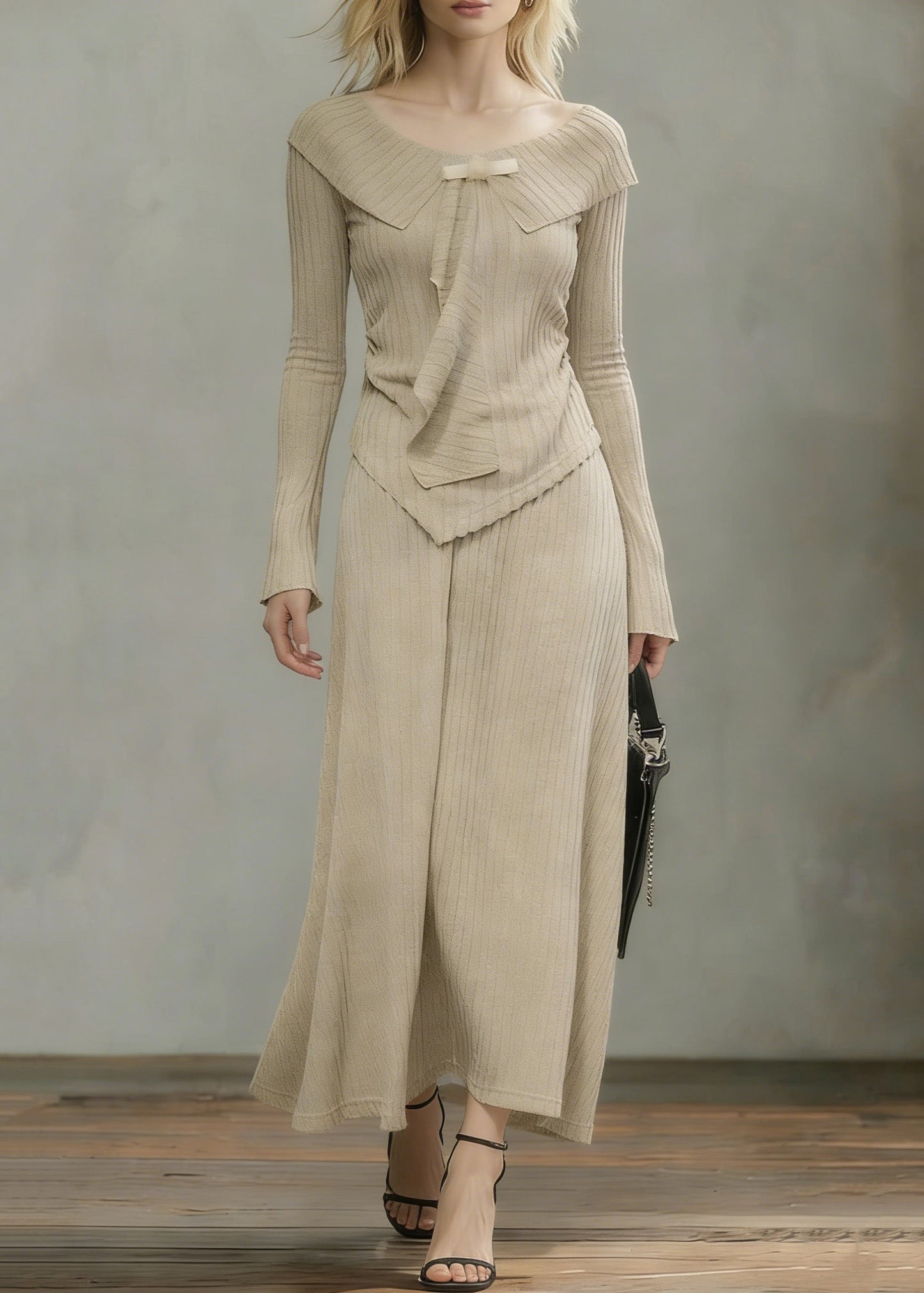 Art Khaki Asymmetrical Tops and Skirts Knit Two Pieces Set Spring