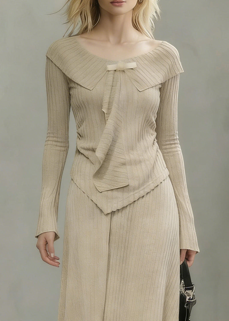 Art Khaki Asymmetrical Tops and Skirts Knit Two Pieces Set Spring