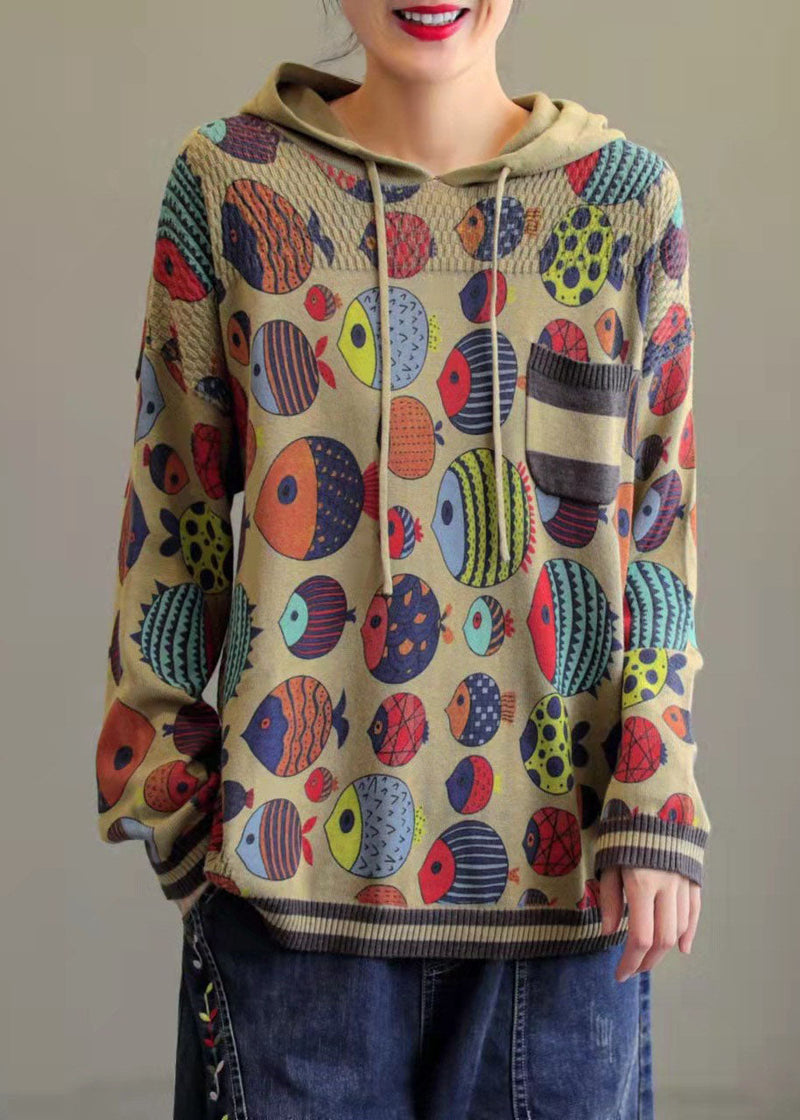 Art Khaki Hooded Print Knit Sweatshirt Winter