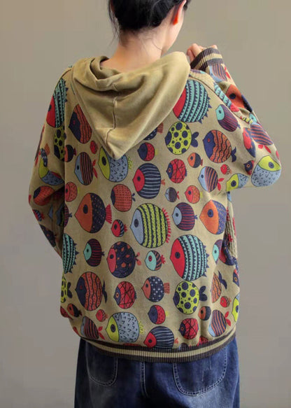 Art Khaki Hooded Print Knit Sweatshirt Winter