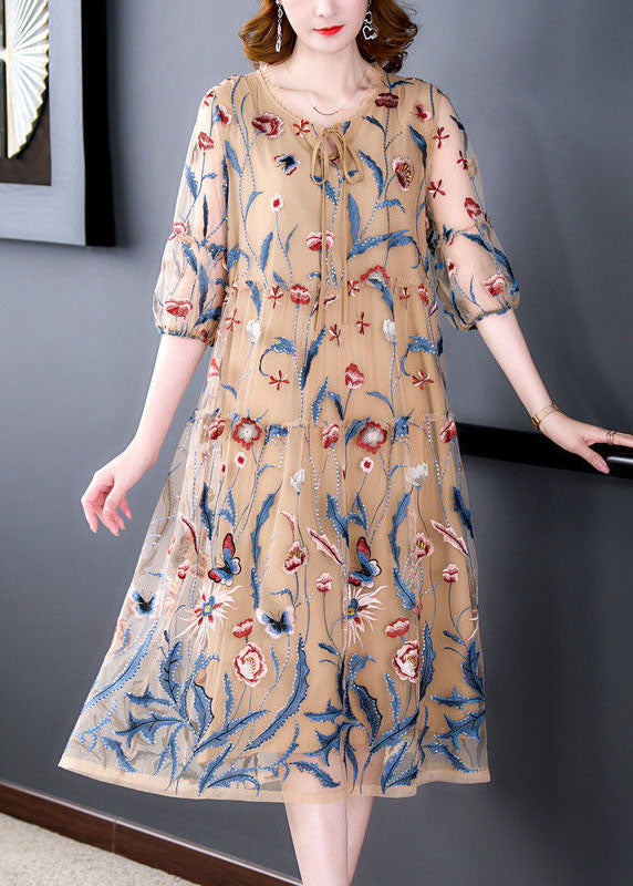 Art Khaki O-neck Embroideried Tulle a Line Dress Summer