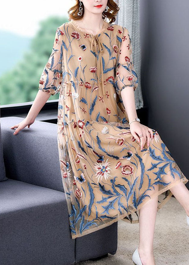 Art Khaki O-neck Embroideried Tulle a Line Dress Summer