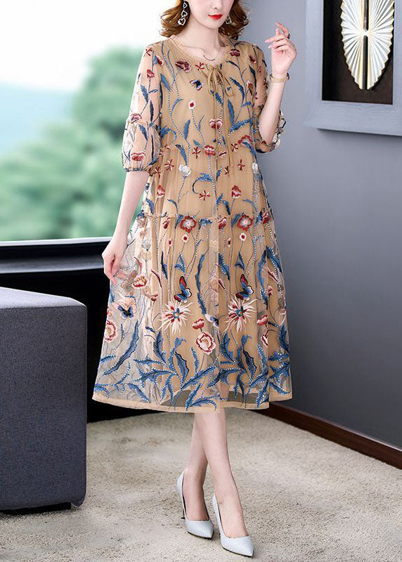 Art Khaki O-neck Embroideried Tulle a Line Dress Summer