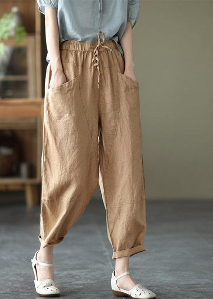 Art Black Flower Tie Waist Pockets Summer Harem Pants Linen
