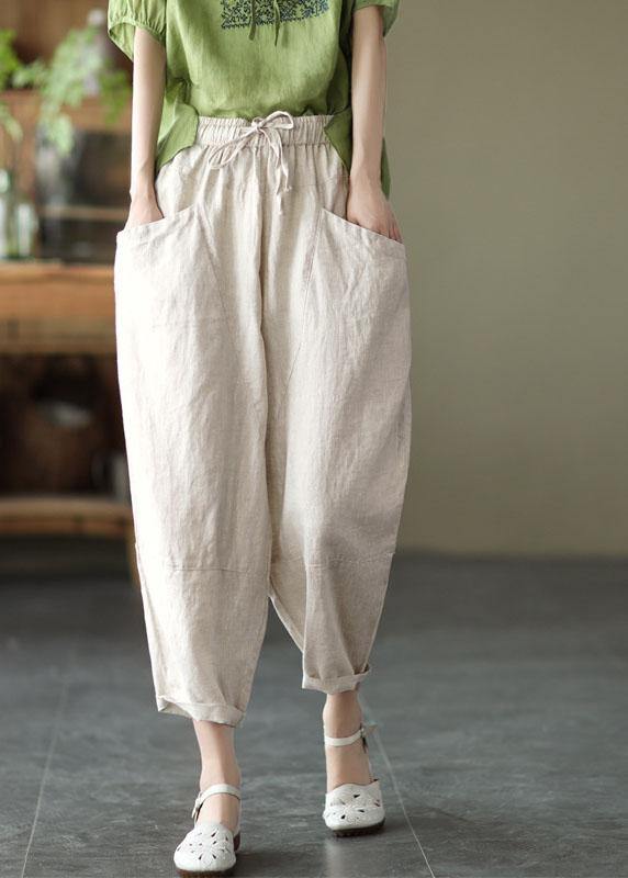 Art Black Flower Tie Waist Pockets Summer Harem Pants Linen
