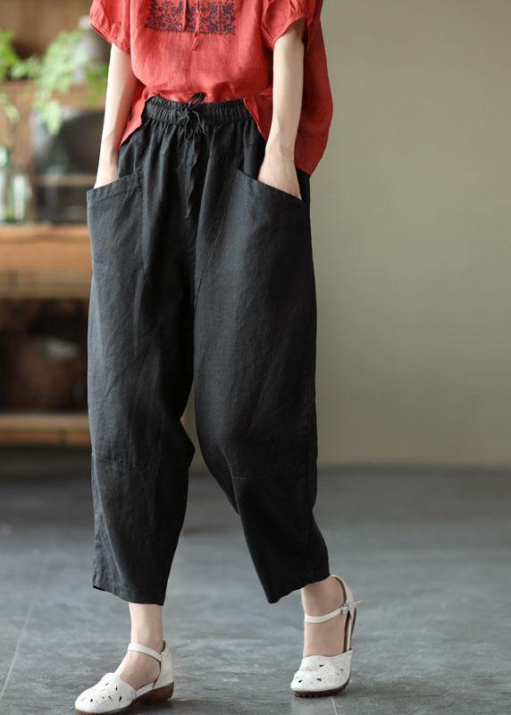 Art Grey Flower Tie Waist Pockets Summer Harem Pants Linen