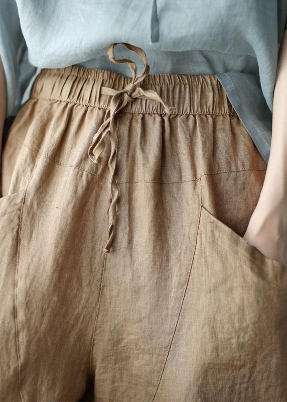 Art Black Flower Tie Waist Pockets Summer Harem Pants Linen