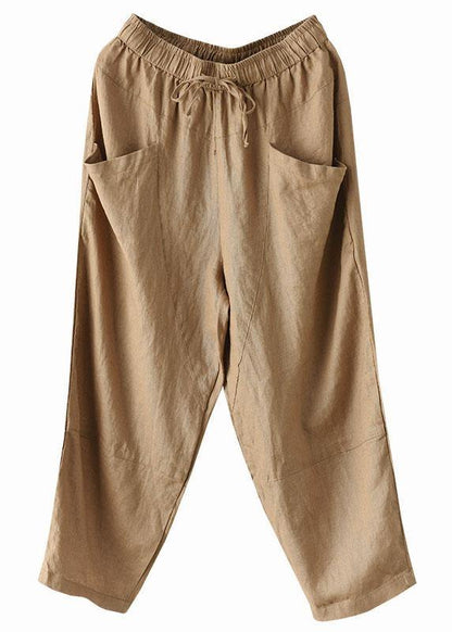 Art Grey Flower Tie Waist Pockets Summer Harem Pants Linen