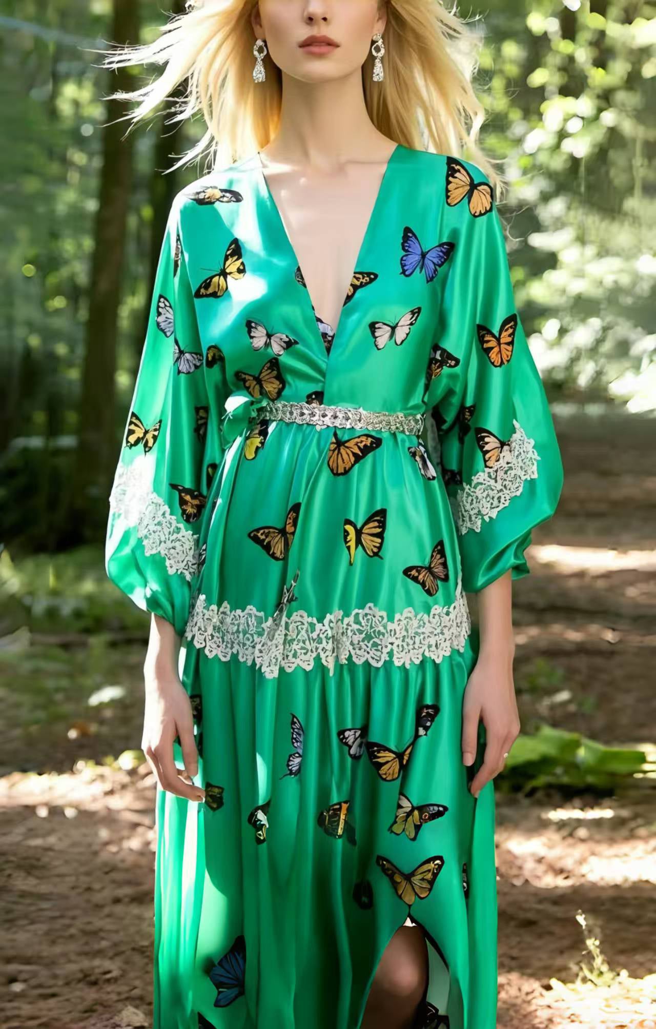 Art Lake Green Butterfly Silk Holiday Dress Summer